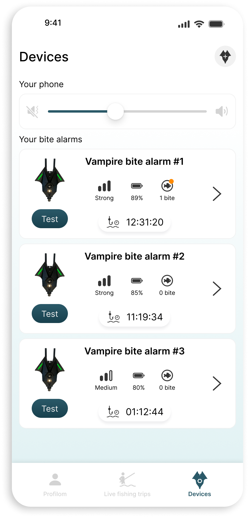 Aplikace Vampire kapásjelző, v ní zařízení a připojení pomocí bluetooth.
