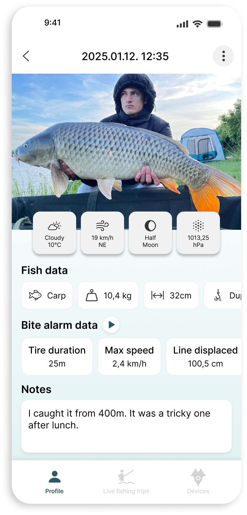 Aplikace Vampire kapásjelző zobrazuje všechna data o úlovku. Včetně meteorologických dat.